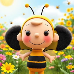 A 3D rendered cartoon character from Peanuts dressed in a cute bumblebee costume