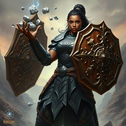 A heavy-set, dark-skinned female human dressed in elegant onyx full plate armor, confidently wielding a massive wooden shield adorned with intricate carvings