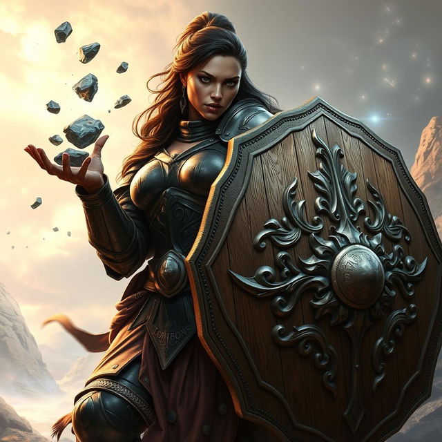 A heavy-set, dark-skinned female human dressed in elegant onyx full plate armor, confidently wielding a massive wooden shield adorned with intricate carvings