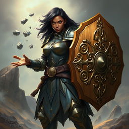 A heavy-set, dark-skinned female human dressed in elegant onyx full plate armor, confidently wielding a massive wooden shield adorned with intricate carvings