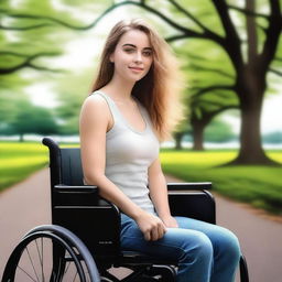 A highest quality digital art featuring a young woman in her 20s, sitting confidently in a wheelchair