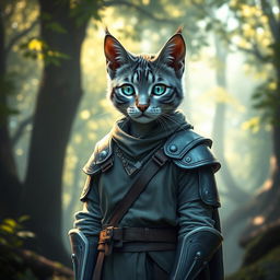 A blue-grey tabby female tabaxi with striking blue-green eyes, dressed in simple clothes layered under light armor