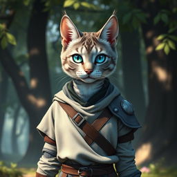 A blue-grey tabby female tabaxi with striking blue-green eyes, dressed in simple clothes layered under light armor