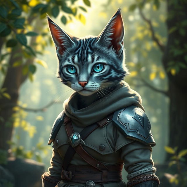 A blue-grey tabby female tabaxi with striking blue-green eyes, dressed in simple clothes layered under light armor