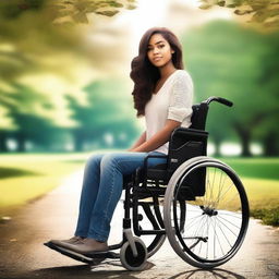 A highest quality digital art featuring a young woman in her 20s, sitting confidently in a wheelchair