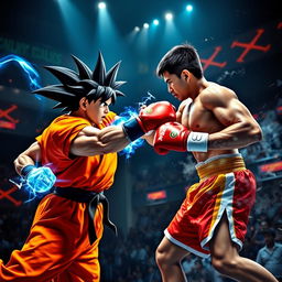 An epic battle scene featuring a powerful martial arts fighter resembling Goku, with spiky black hair styled in a distinctive manner, wearing a bright orange gi