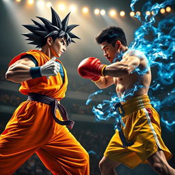 An epic battle scene featuring a powerful martial arts fighter resembling Goku, with spiky black hair styled in a distinctive manner, wearing a bright orange gi