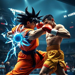 An epic battle scene featuring a powerful martial arts fighter resembling Goku, with spiky black hair styled in a distinctive manner, wearing a bright orange gi