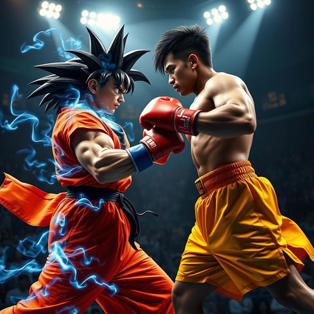 An epic battle scene featuring a powerful martial arts fighter resembling Goku, with spiky black hair styled in a distinctive manner, wearing a bright orange gi