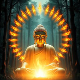 An image of the Buddha surrounded by a radiant halo that shines like flickering flames, symbolizing enlightenment and serenity