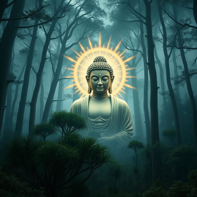 An image of the Buddha surrounded by a radiant halo that shines like flickering flames, symbolizing enlightenment and serenity