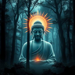 An image of the Buddha surrounded by a radiant halo that shines like flickering flames, symbolizing enlightenment and serenity