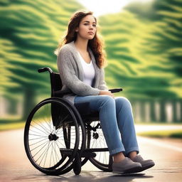 A highest quality digital art featuring a young woman in her 20s, sitting confidently in a wheelchair