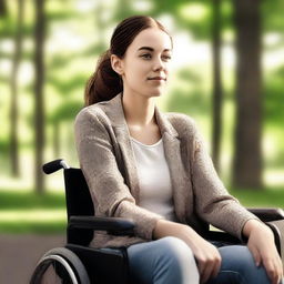 A highest quality digital art featuring a young woman in her 20s, sitting confidently in a wheelchair