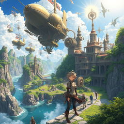 A vibrant steampunk island featuring an intricate network of airships and gears, surrounded by lush greenery and rocky cliffs