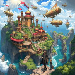 A vibrant steampunk island featuring an intricate network of airships and gears, surrounded by lush greenery and rocky cliffs