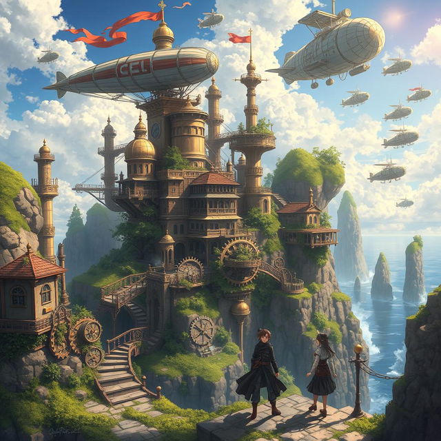 A vibrant steampunk island featuring an intricate network of airships and gears, surrounded by lush greenery and rocky cliffs