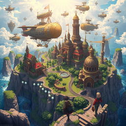 A vibrant steampunk island featuring an intricate network of airships and gears, surrounded by lush greenery and rocky cliffs