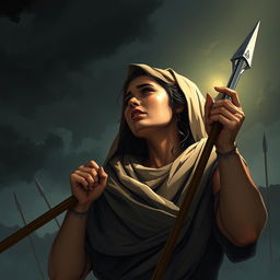 A dramatic and poignant illustration of Sumayyah binti Khayyat at the moment she is pierced by a spear