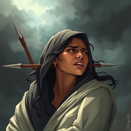 A dramatic and poignant illustration of Sumayyah binti Khayyat at the moment she is pierced by a spear