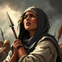 A dramatic and poignant illustration of Sumayyah binti Khayyat at the moment she is pierced by a spear