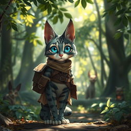 A blue-grey tabby female tabaxi with distinctly patterned fur, wearing simple yet stylish clothing along with light armor for protection