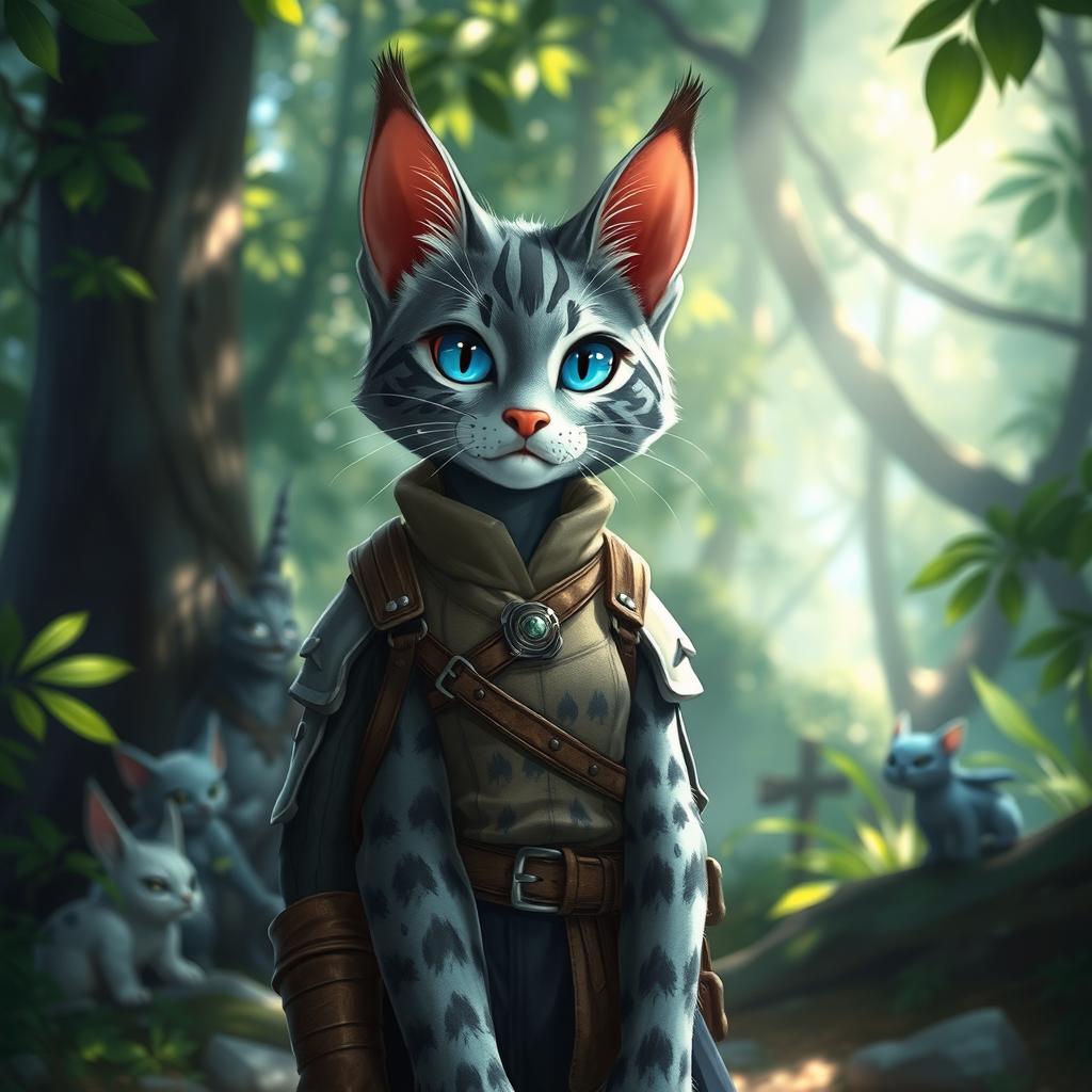 A blue-grey tabby female tabaxi with distinctly patterned fur, wearing simple yet stylish clothing along with light armor for protection