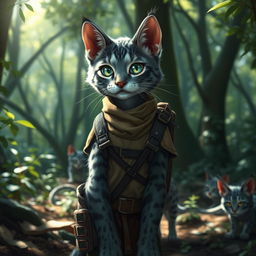 A blue-grey tabby female tabaxi with distinctly patterned fur, wearing simple yet stylish clothing along with light armor for protection