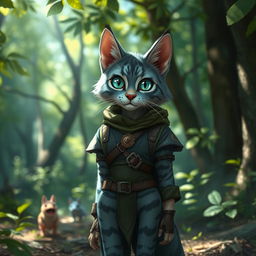 A blue-grey tabby female tabaxi with distinctly patterned fur, wearing simple yet stylish clothing along with light armor for protection