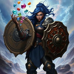 A heavy-set, dark-skinned female human with striking bright blue eyes and vibrant blue hair, adorned in magnificent onyx full plate armor
