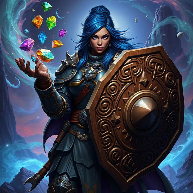 A heavy-set, dark-skinned female human with striking bright blue eyes and vibrant blue hair, adorned in magnificent onyx full plate armor