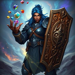 A heavy-set, dark-skinned female human with striking bright blue eyes and vibrant blue hair, adorned in magnificent onyx full plate armor