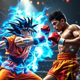 An epic battle scene featuring a powerful martial arts fighter resembling Goku, with spiky black hair, wearing a bright orange gi, surrounded by a glowing blue energy aura