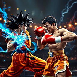 An epic battle scene featuring a powerful martial arts fighter resembling Goku, with spiky black hair, wearing a bright orange gi, surrounded by a glowing blue energy aura