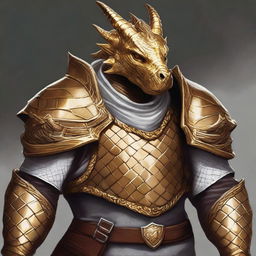 This high-quality digital art captures a gold-skinned dragonborn with a friendly smile and broad shoulders