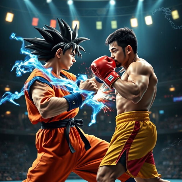 An epic battle scene featuring a powerful martial arts fighter resembling Goku, with spiky black hair, wearing a bright orange gi, surrounded by a glowing blue energy aura