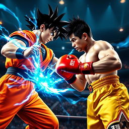 An epic battle scene featuring a powerful martial arts fighter resembling Goku, with spiky black hair, wearing a bright orange gi, surrounded by a glowing blue energy aura