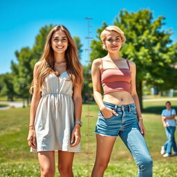 A lively outdoor scene featuring two young women standing side by side to clearly showcase their height difference
