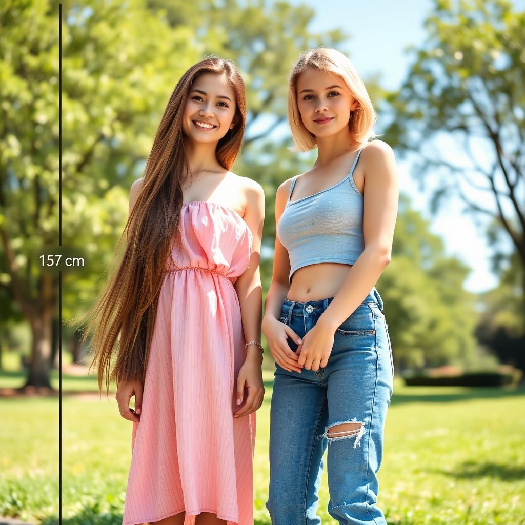 A lively outdoor scene featuring two young women standing side by side to clearly showcase their height difference