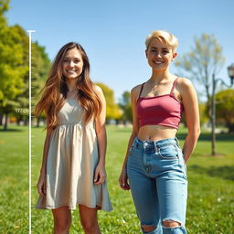 A lively outdoor scene featuring two young women standing side by side to clearly showcase their height difference