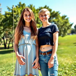 A lively outdoor scene featuring two young women standing side by side to clearly showcase their height difference