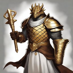 This high-quality digital art captures a gold-skinned dragonborn with a friendly smile and broad shoulders