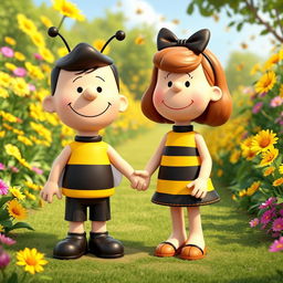 A 3D rendered illustration of a male and female character from Peanuts, both dressed in adorable bumblebee costumes