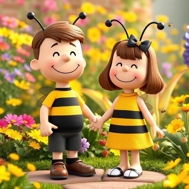 A 3D rendered illustration of a male and female character from Peanuts, both dressed in adorable bumblebee costumes