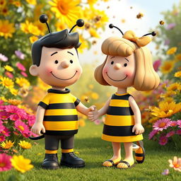 A 3D rendered illustration of a male and female character from Peanuts, both dressed in adorable bumblebee costumes