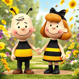 A 3D rendered illustration of a male and female character from Peanuts, both dressed in adorable bumblebee costumes