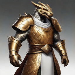 This high-quality digital art captures a gold-skinned dragonborn with a friendly smile and broad shoulders