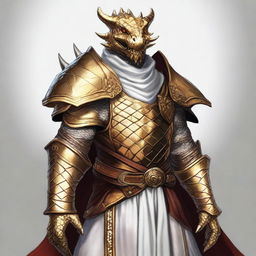 This high-quality digital art captures a gold-skinned dragonborn with a friendly smile and broad shoulders