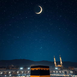 A breathtaking nighttime scene over the city of Makkah, showcasing a star-filled sky