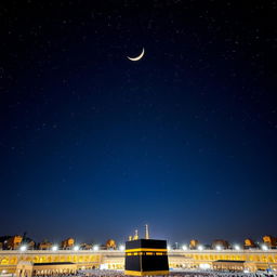 A breathtaking nighttime scene over the city of Makkah, showcasing a star-filled sky